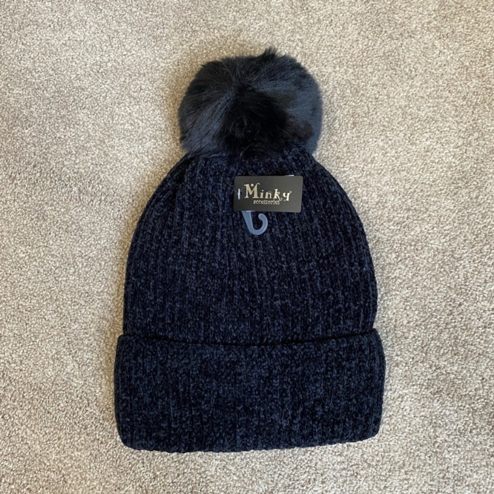 Minky Accessories Black Fleeced Lined Pom Pom Beanie